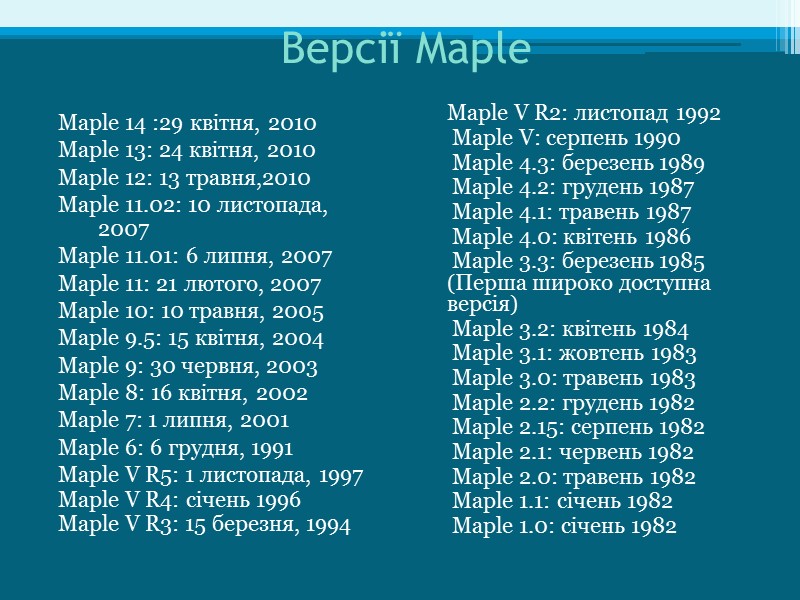 Версії Maple Maple 14 :29 квітня, 2010  Maple 13: 24 квітня, 2010 Maple
